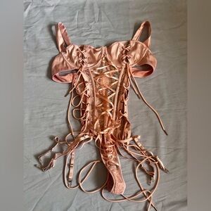 Forplay Lace Up Corset Teddy Bodysuit Lingerie Blush Pink Sz L BNWT